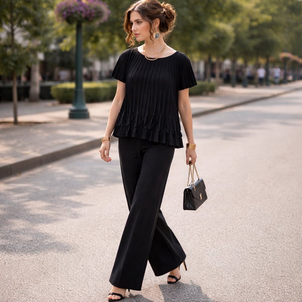 Ted Baker Black Top Size 4 US 1 TB Pleated Boxy Short Sleeve Flowy Classy